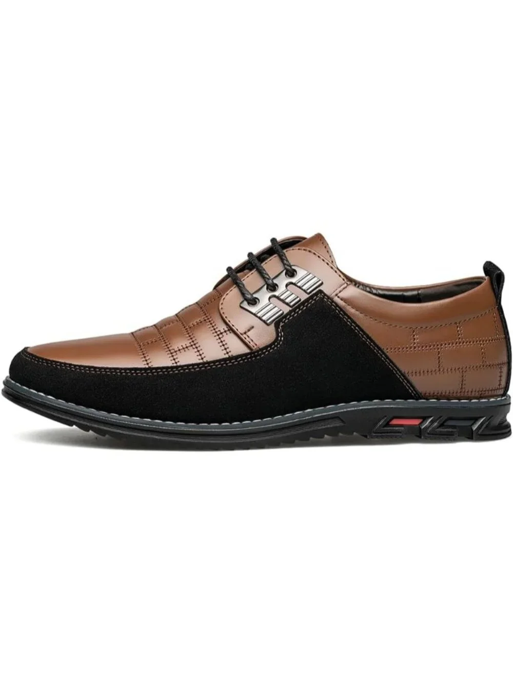 Mens Caramel Plaid Embossed Grid Leather Comfortable Hybrid Oxford Dress Sneaker